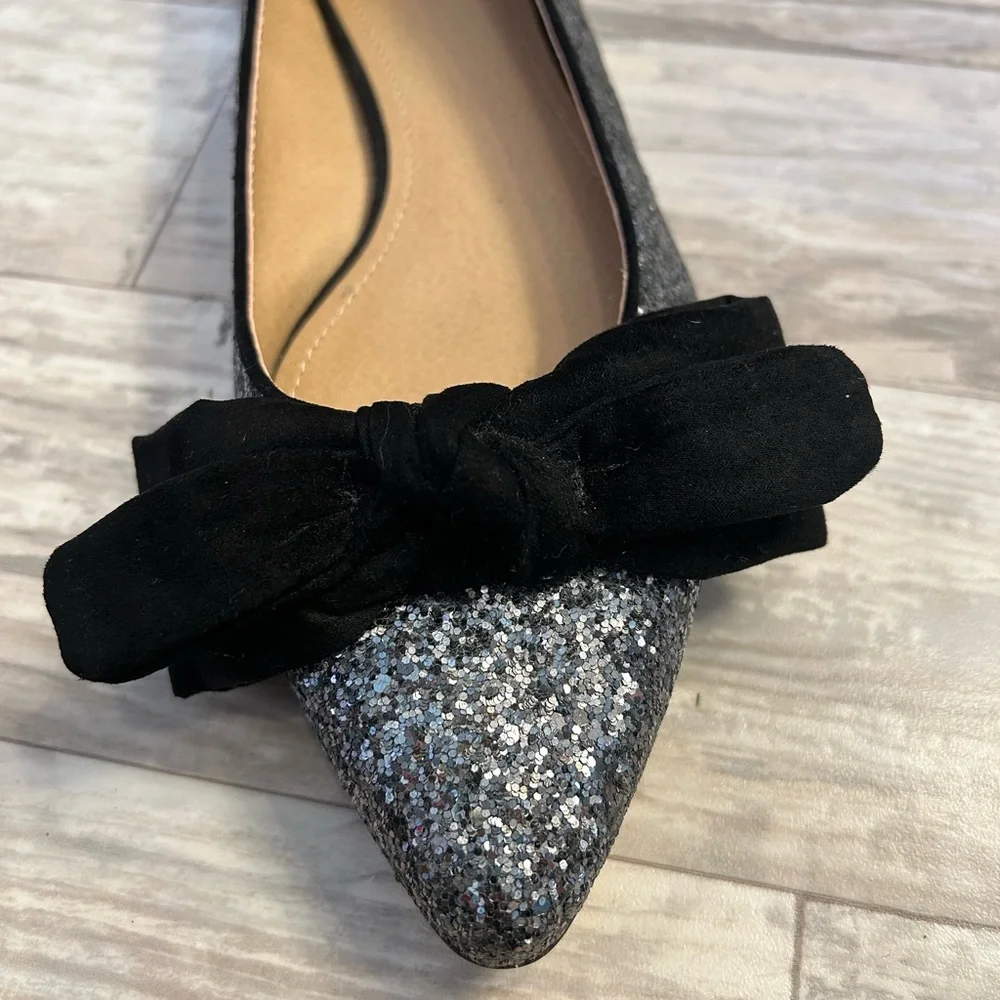 LOFT Silver Glitter Sparkle Flats with Black Velvet Bows - Picture 8 of 9